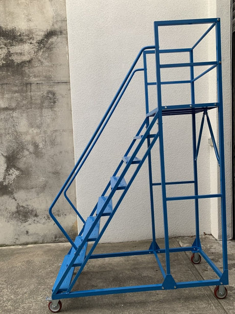 Rolling Mobile Warehouse Ladder - 6 Steps, 2200mm Height - Powder Coated Blue